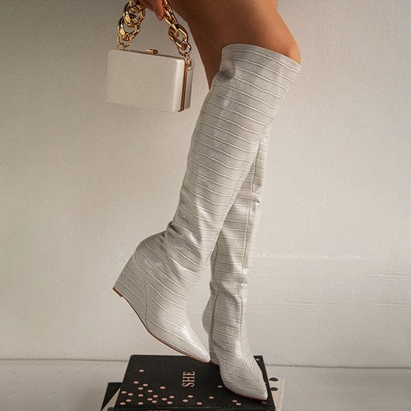 Faux Crocodile Wedge Heel Knee-High Boots - Picture 1 of 6